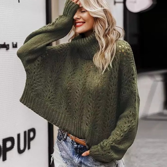 Olive Crochet Long Sleeve Knit Turtleneck Sweater - Picture 2 of 6